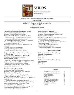 1 Medieval and Renaissance Drama Society Newsletter Spring 2018 A