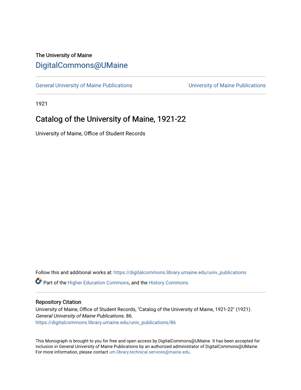 Catalog of the University of Maine, 1921-22