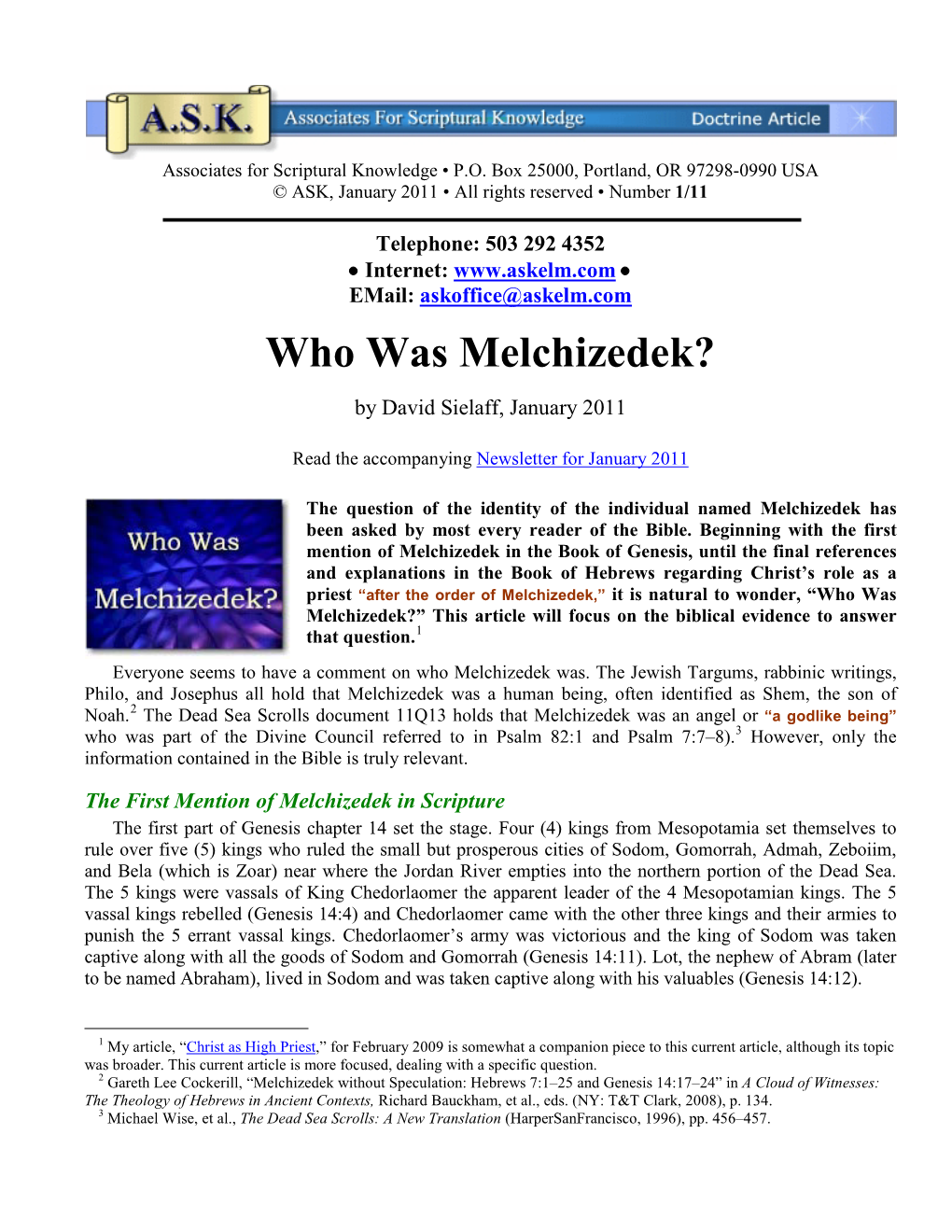 Who Was Melchizedek? by David Sielaff, January 2011