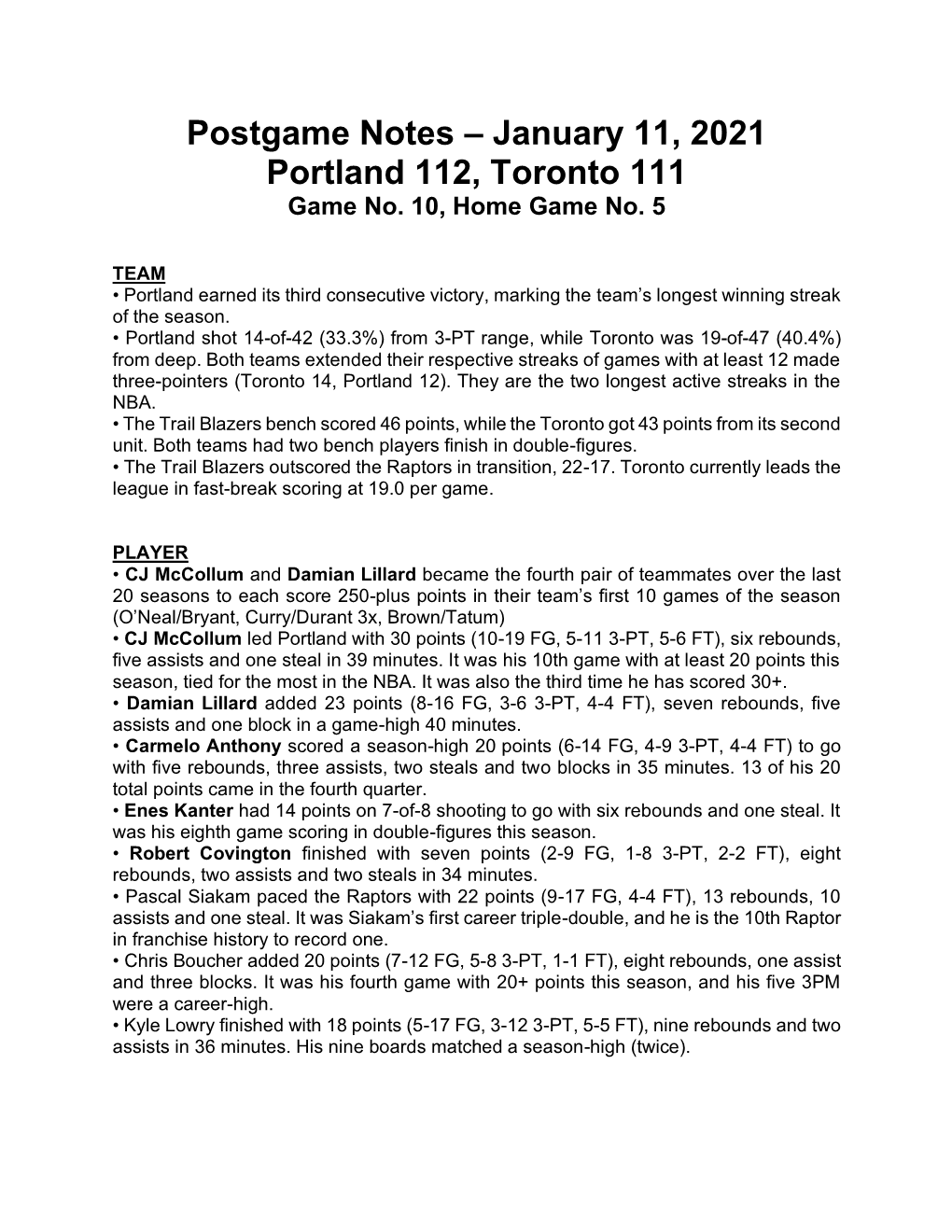 Postgame Notes – January 11, 2021 Portland 112, Toronto 111 Game No