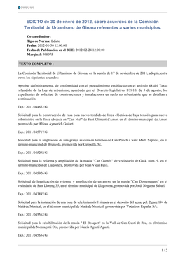 EDICTO De 30 De Enero De 2012, Sobre Acuerdos De La Comisión Territorial De Urbanismo De Girona Referentes a Varios Municipios