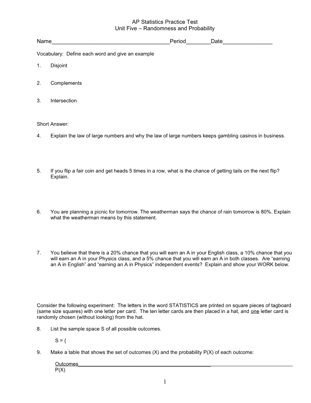 AP Statistics Practice Test s1