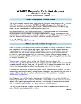 W1AKS Repeater Echolink Access 147.135/147.735 (PL 100) Echolink Node Identifier - 600646