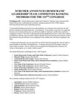 Schumer Announces Democratic Leadership Team, Committee Ranking Th Members for the 115 Congress