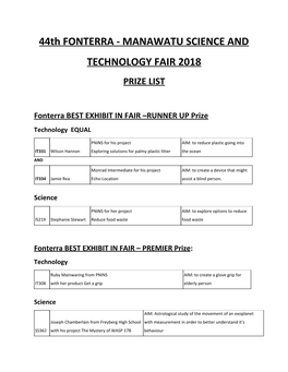 44Th FONTERRA - MANAWATU SCIENCE and TECHNOLOGY FAIR 2018 PRIZE LIST