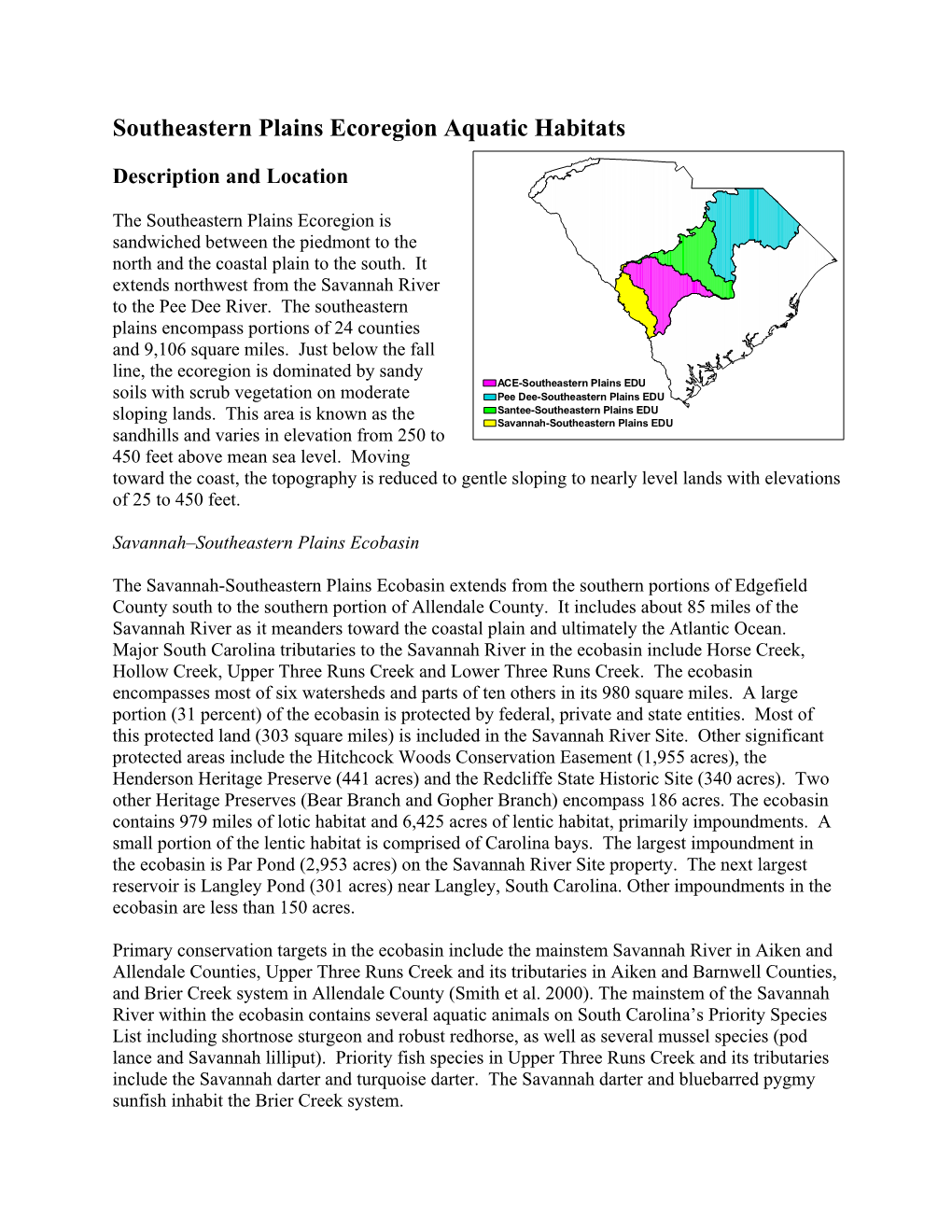 Southeastern Plains Ecoregion Aquatic Habitats