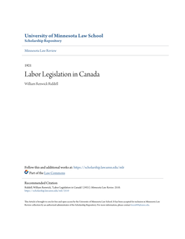 Labor Legislation in Canada William Renwick Riddell