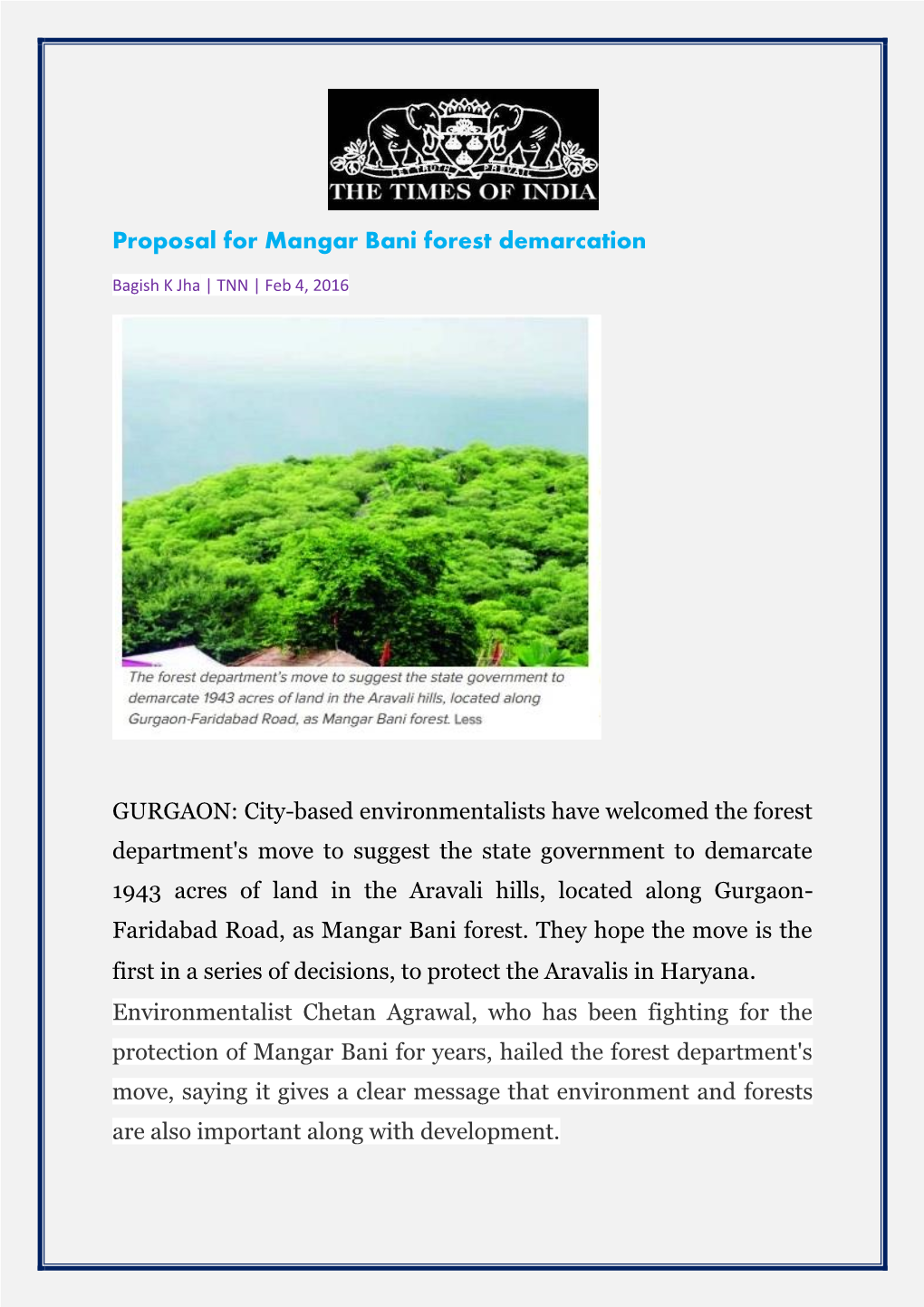 Proposal for Mangar Bani Forest Demarcation
