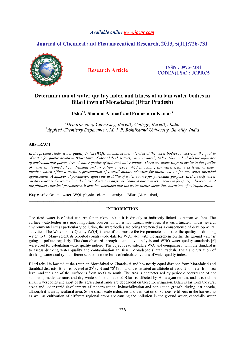 Determination of Water Quality Index and Fitness of Urban Water Bodies in Bilari Town of Moradabad (Uttar Pradesh)