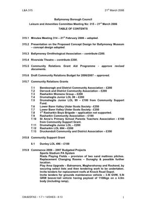 Ballymoney Borough Council Leisure and Amenities Committee Meeting No: 315 – 21St March 2006 TABLE of CONTENTS