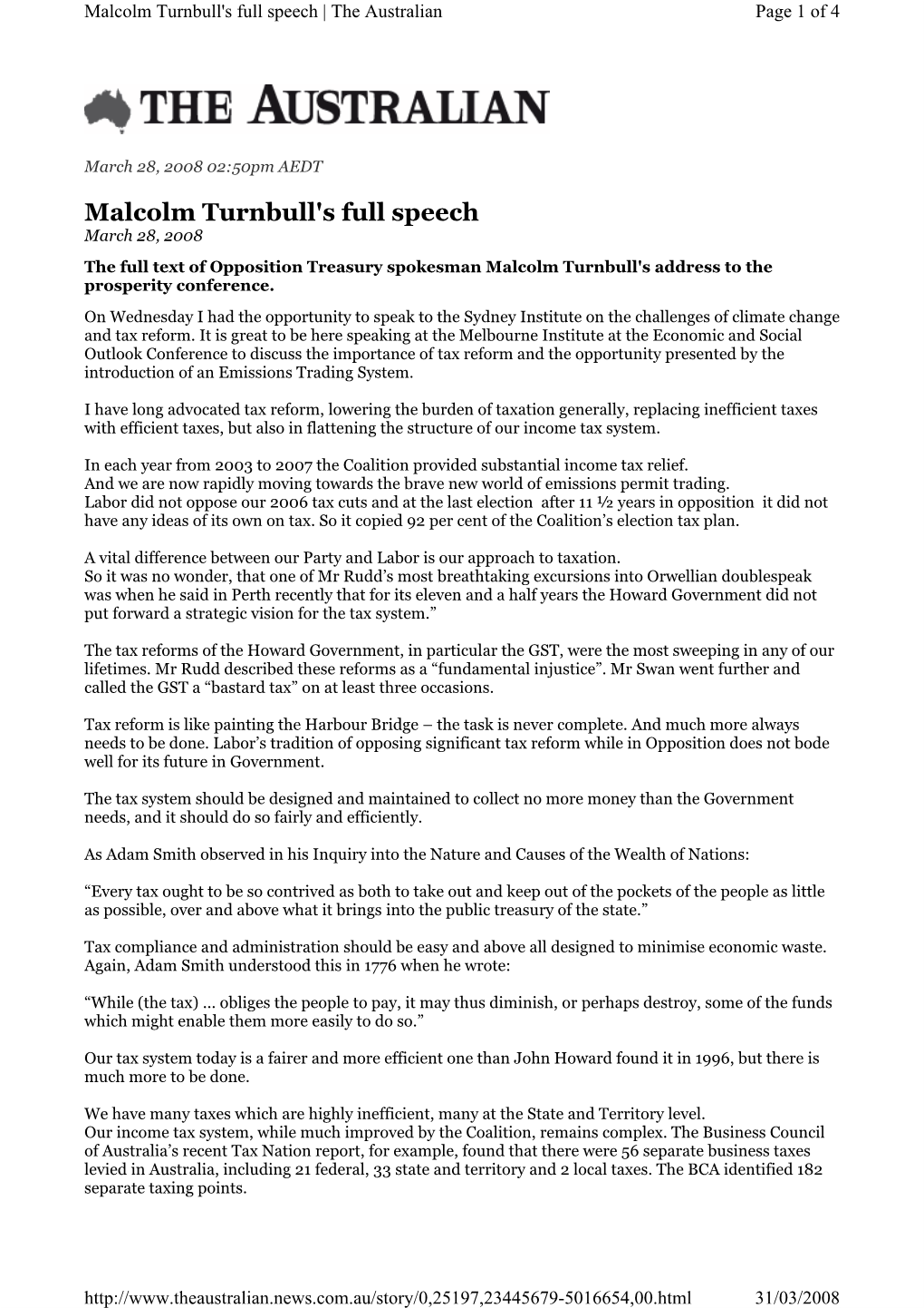 Malcolm Turnbull's Full Speech | the Australian Page 1 of 4