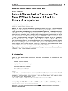 Junia – a Woman Lost in Translation: the Name IOYNIAN in Romans 16:7 and Its History of Interpretation