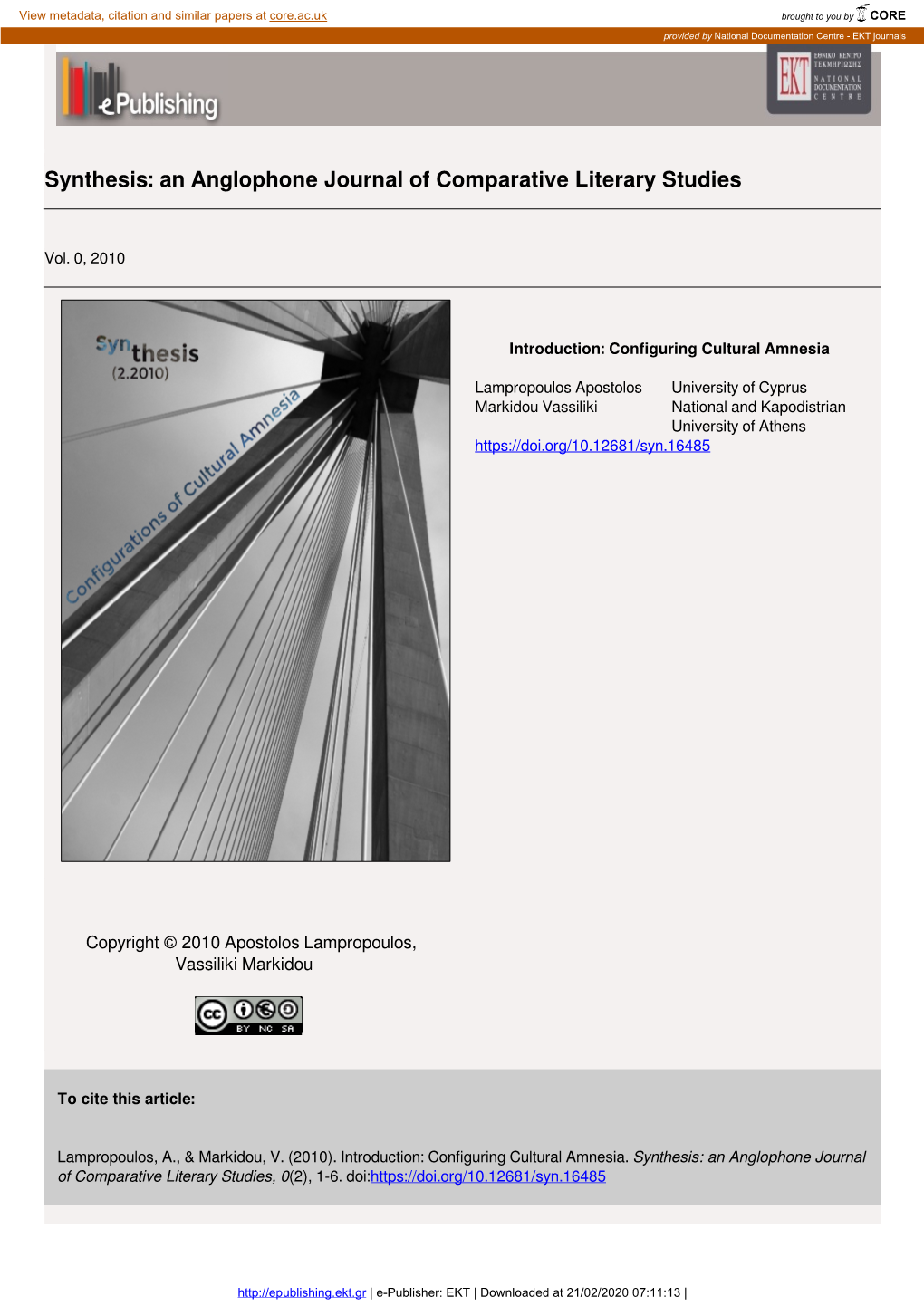 Synthesis: an Anglophone Journal of Comparative Literary Studies