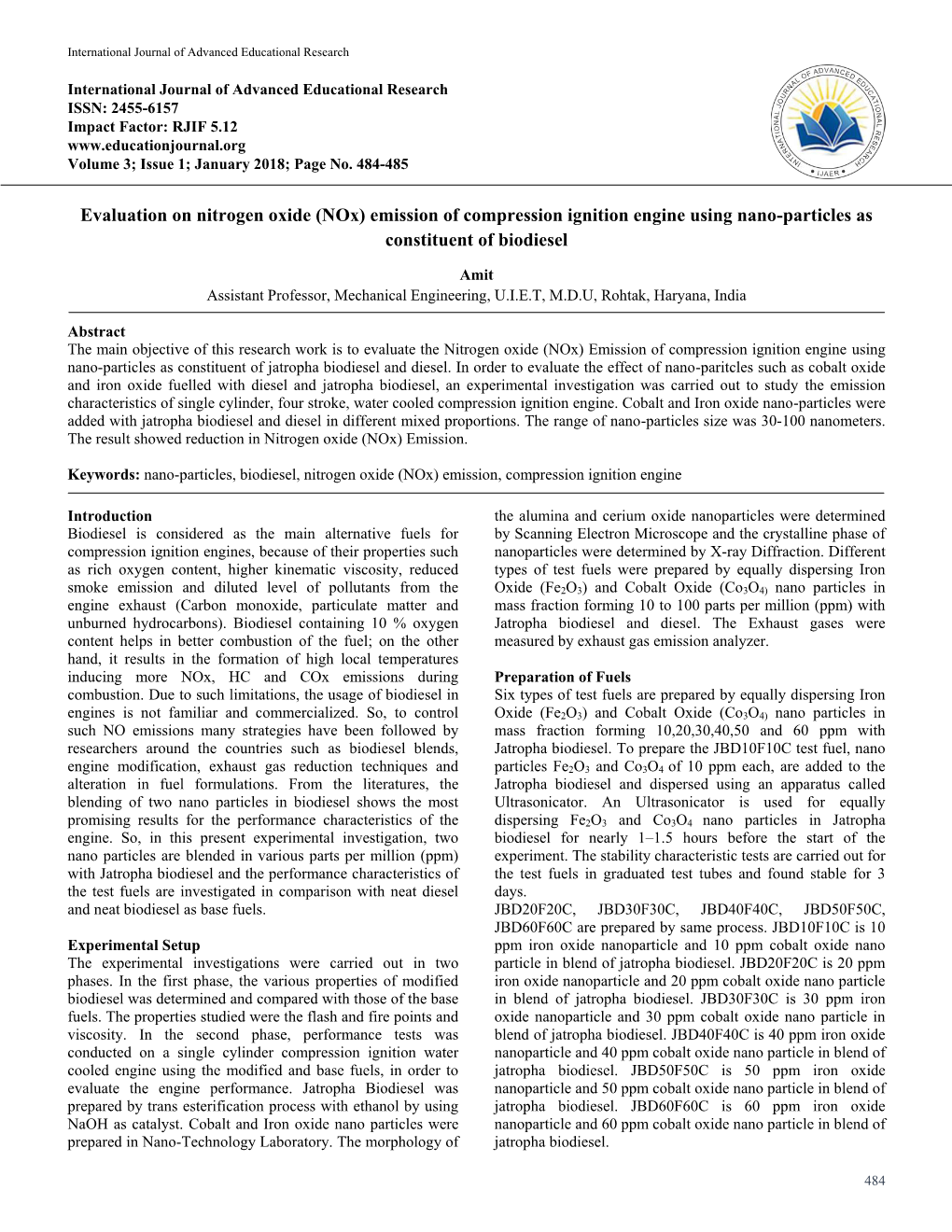 (Nox) Emission of Compression Ignition Engine Using Nano-Particles As Constituent of Biodiesel