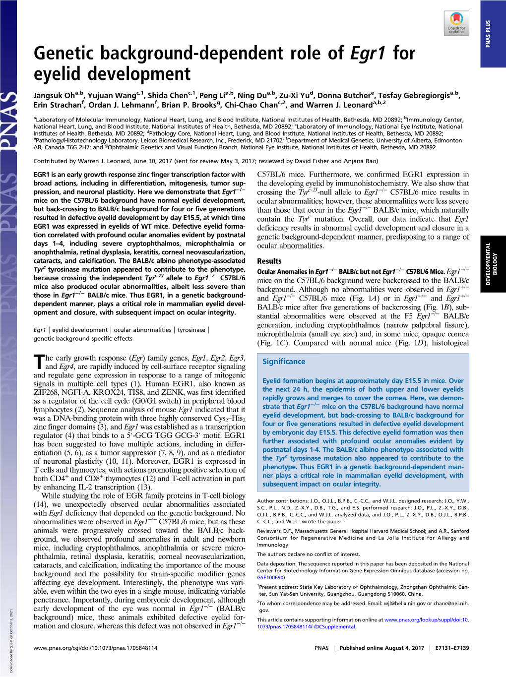 Genetic Background-Dependent Role of Egr1 for Eyelid Development