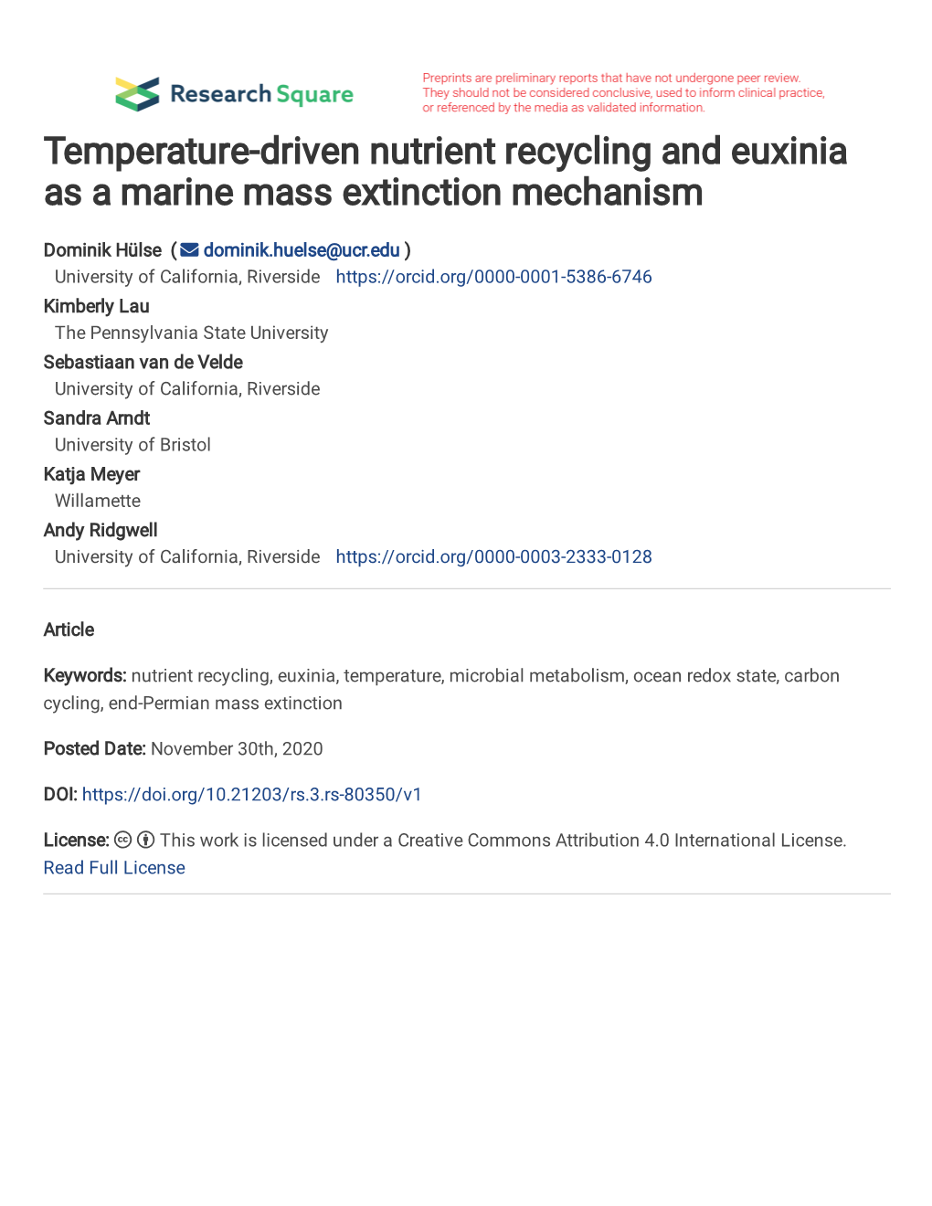Temperature-Driven Nutrient Recycling and Euxinia As a Marine Mass Extinction Mechanism
