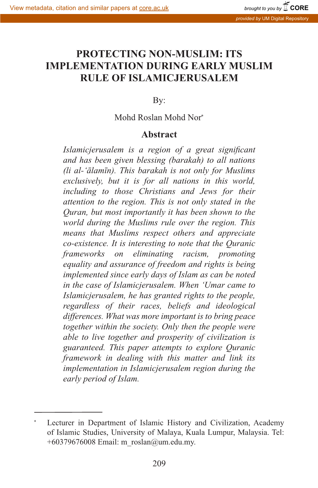 Protecting Non-Muslim: Its Implementation During Early Muslim Rule of Islamicjerusalem