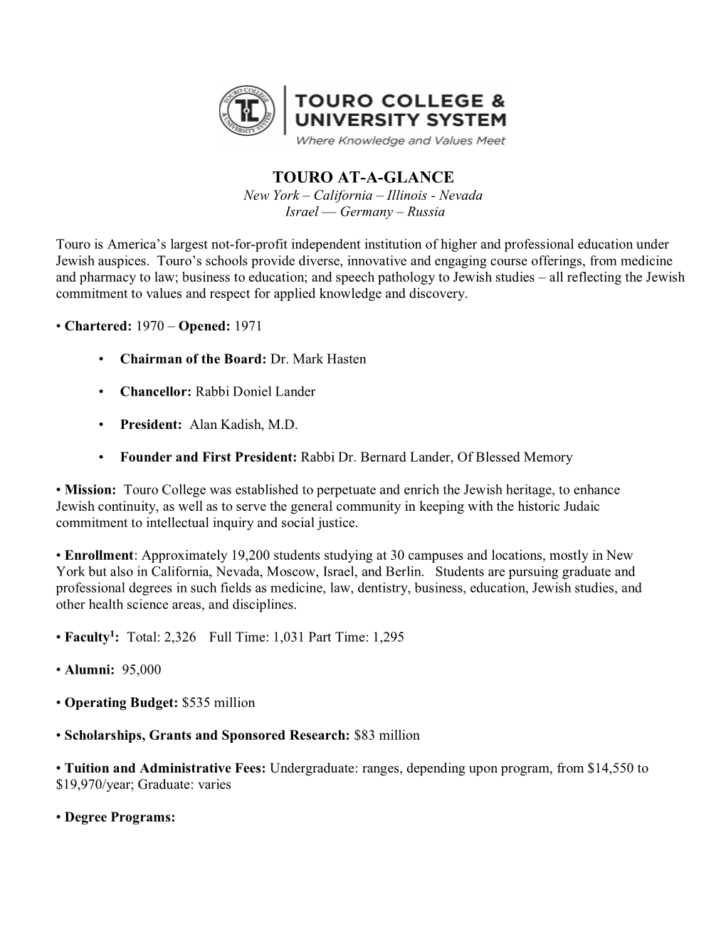 TOURO AT-A-GLANCE New York – California – Illinois - Nevada Israel –– Germany – Russia