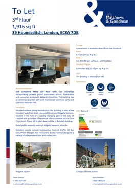 To Let 3Rd Floor 1,916 Sq Ft 39 Houndsditch, London, EC3A 7DB