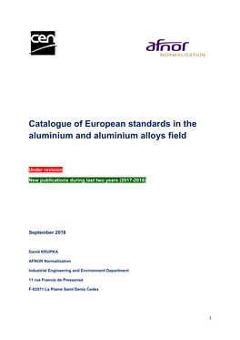 Catalogue of European Standards in the Aluminium and Aluminium Alloys Field