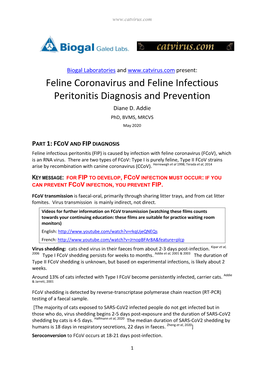 Feline Coronavirus and Feline Infectious Peritonitis Diagnosis and Prevention Diane D