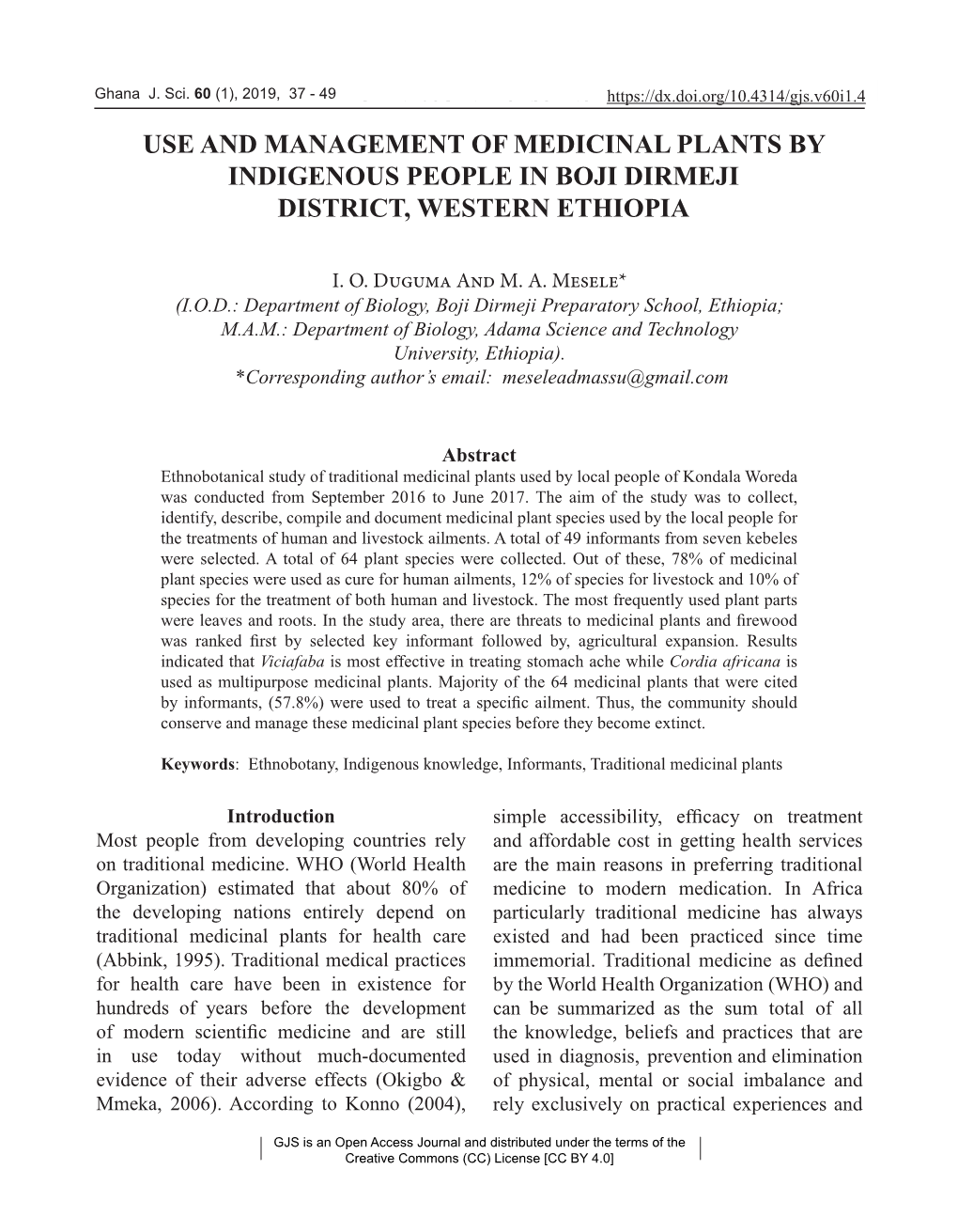 Use and Management of Medicinal Plants by Indigenous People in Boji Dirmeji District, Western Ethiopia