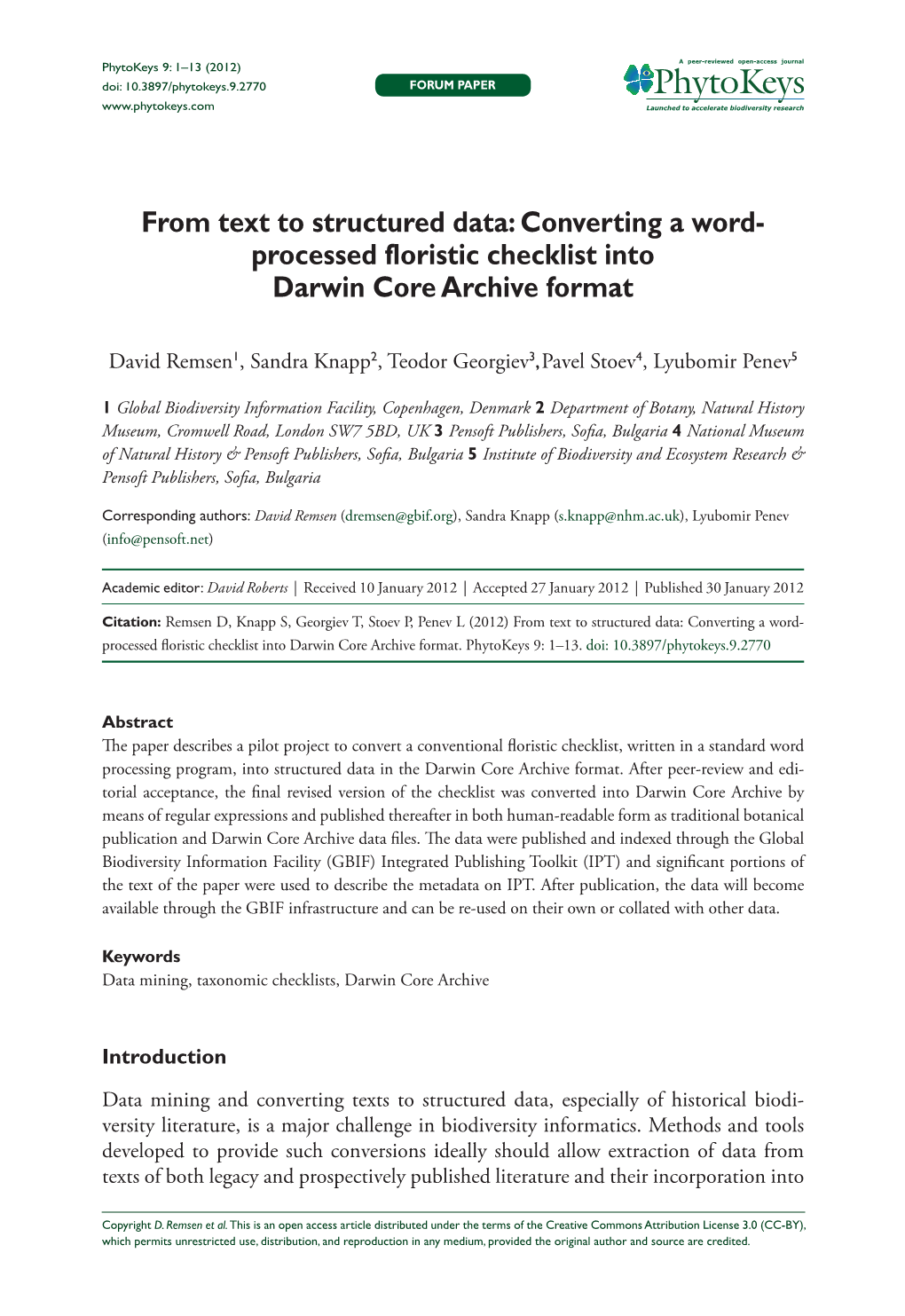 Processed Floristic Checklist Into Darwin Core Archive Format