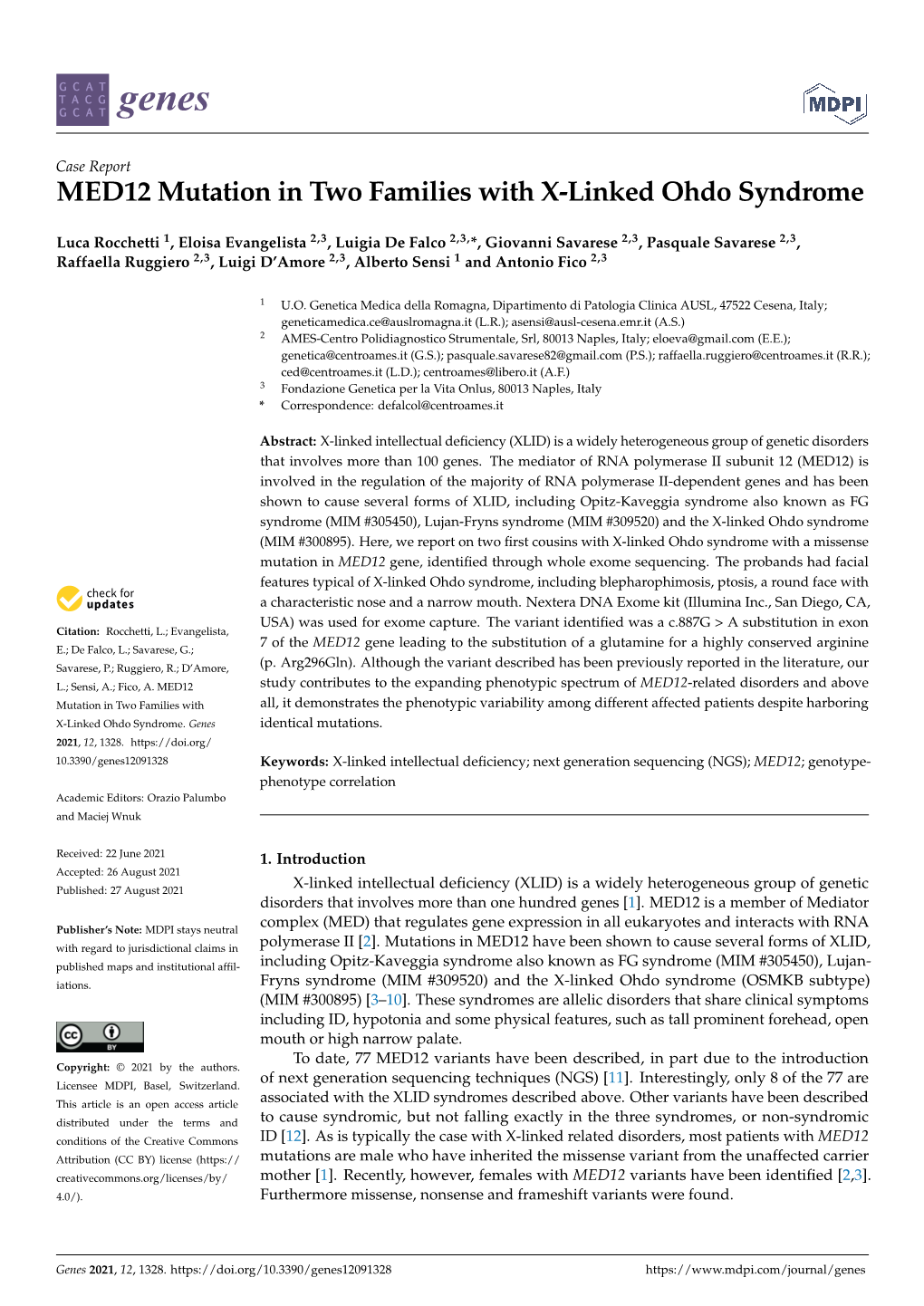 MED12 Mutation in Two Families with X-Linked Ohdo Syndrome