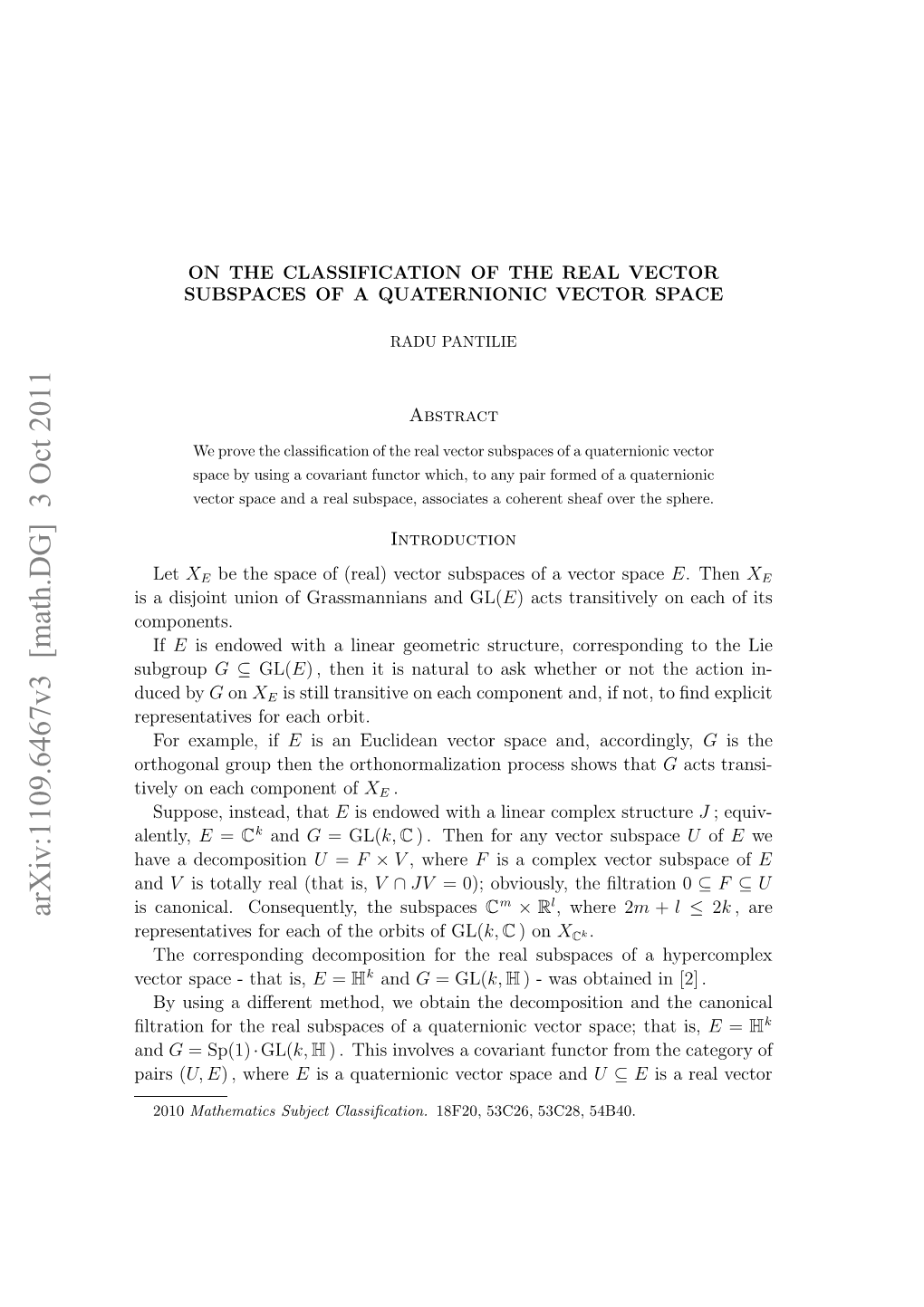 On the Classification of the Real Vector Subspaces of a Quaternionic Vector