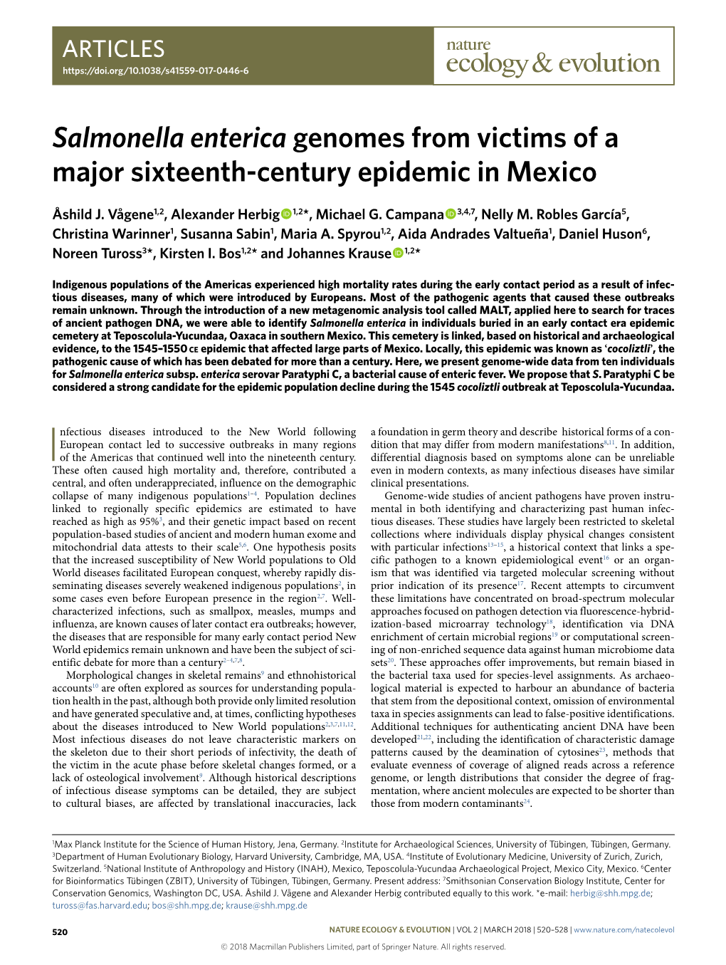 Salmonella Enterica Genomes from Victims of a Major Sixteenth-Century Epidemic in Mexico