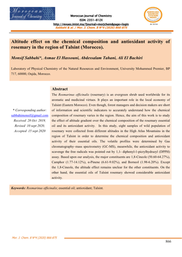 Altitude Effect on the Chemical Composition and Antioxidant Activity of Rosemary in the Region of Talsint (Morocco)