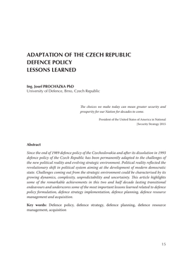 Adaptation of the Czech Republic Defence Policy Lessons Learned