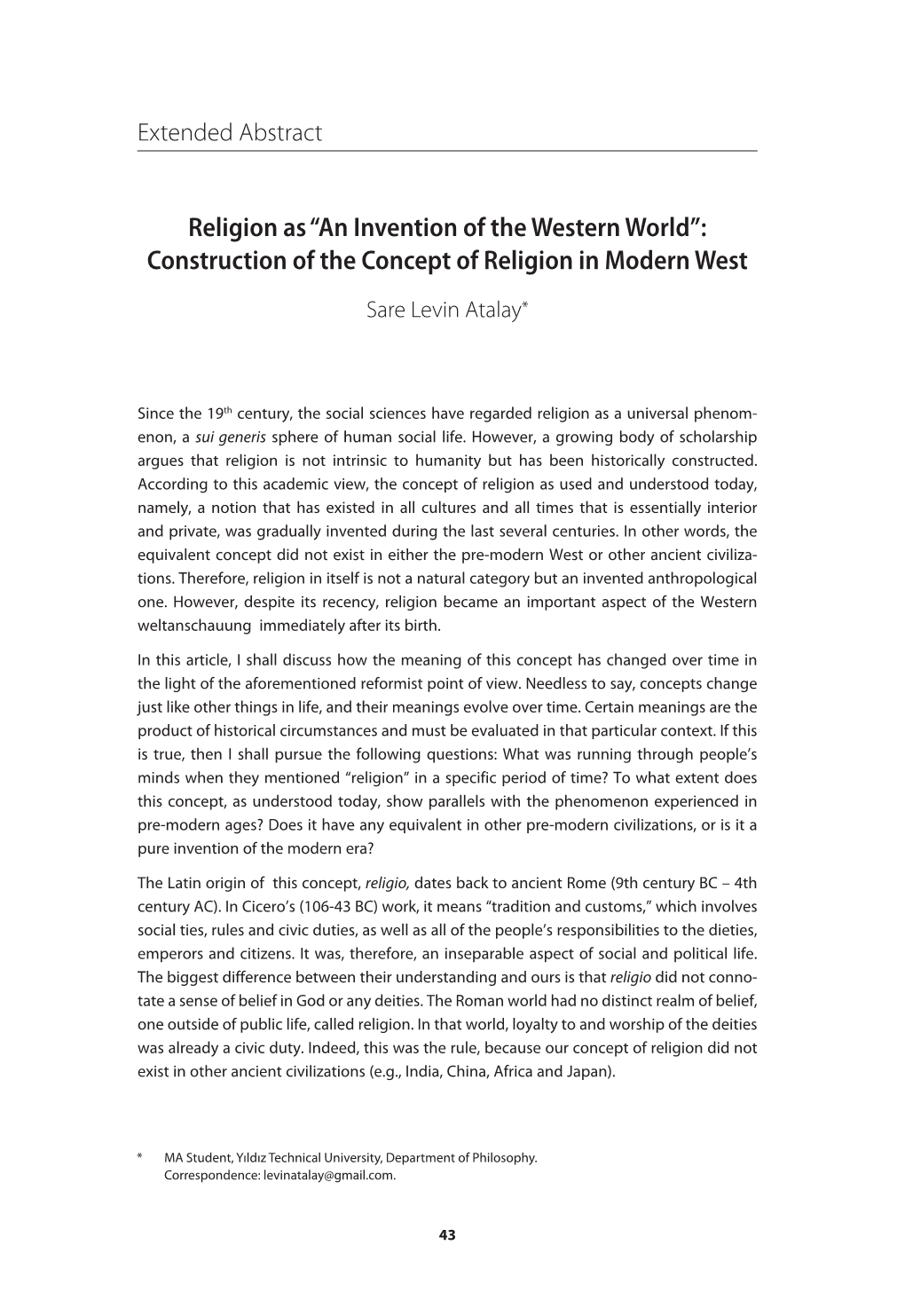 Religion As “An Invention of the Western World”: Construction of the Concept of Religion in Modern West