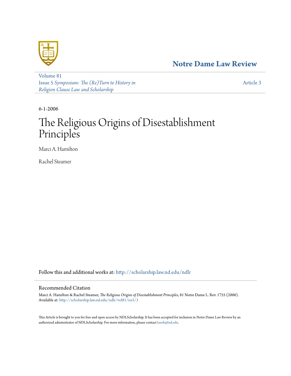 The Religious Origins of Disestablishment Principles Marci A