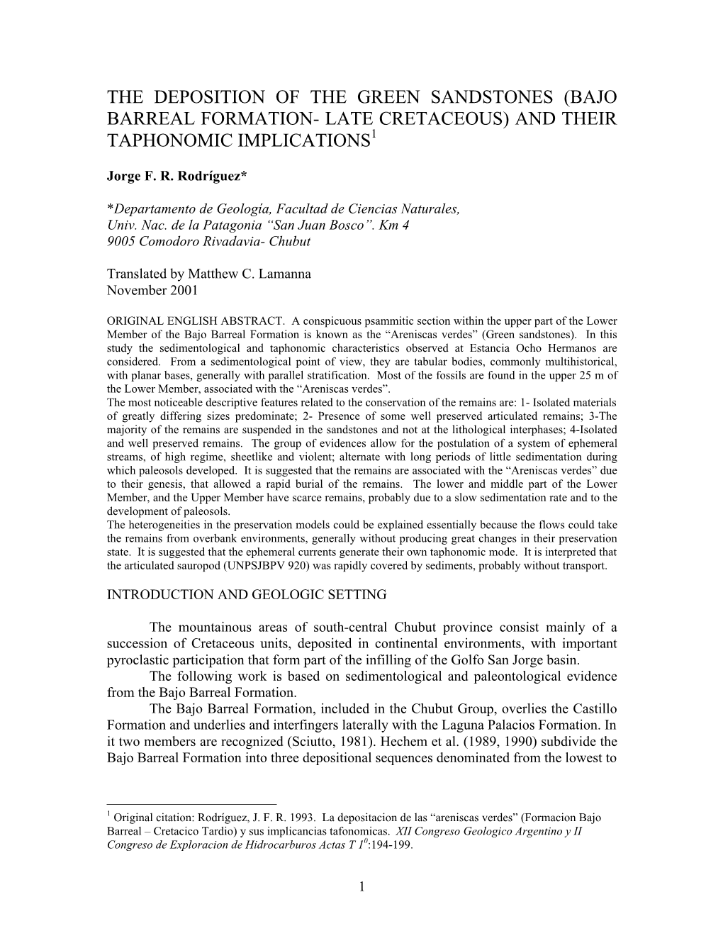 Bajo Barreal Formation- Late Cretaceous) and Their Taphonomic Implications1