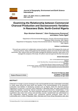 Examining the Relationship Between Commercial Charcoal Production and Socioeconomic Variables in Nasarawa State, North-Central Nigeria