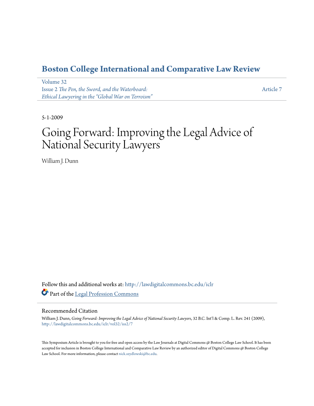 Going Forward: Improving the Legal Advice of National Security Lawyers William J