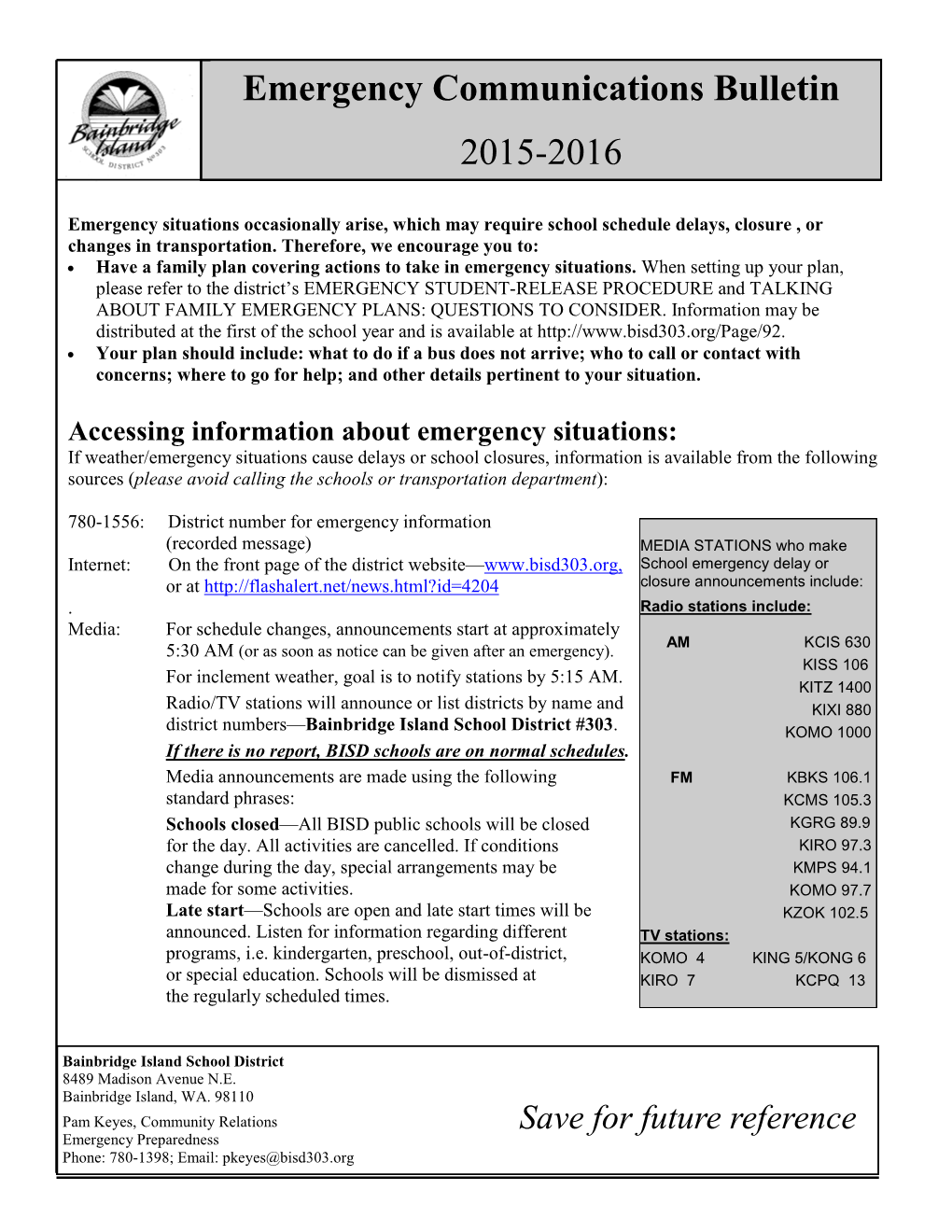 Emergency Communications Bulletin 2015-2016