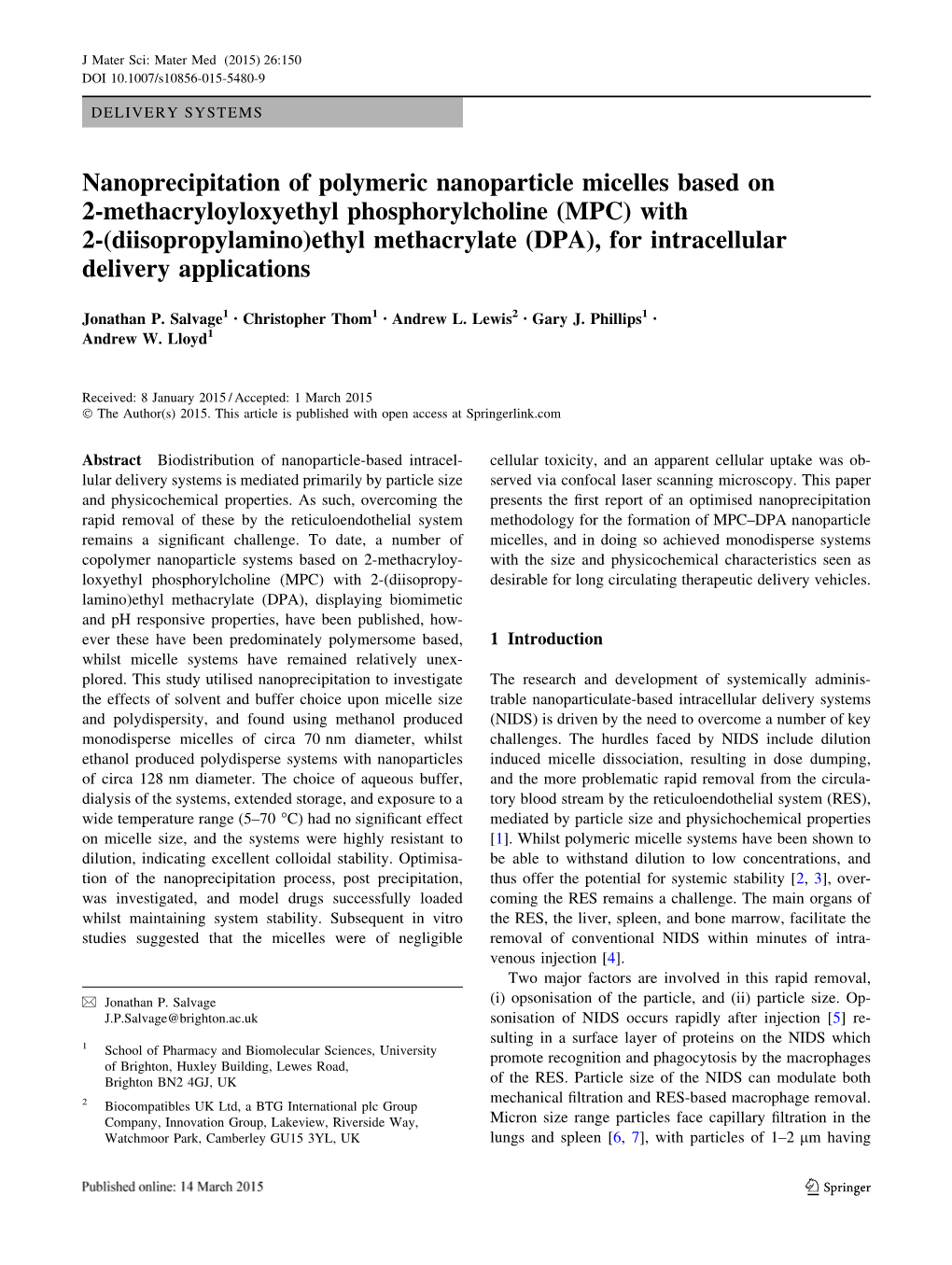 (MPC) with 2-(Diisopropylamino)Ethyl Methacrylate (DPA), for Intracellular Delivery Applications