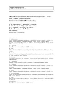 Magnetohydrodynamic Oscillations in the Solar Corona and Earth’S Magnetosphere: Towards Consolidated Understanding