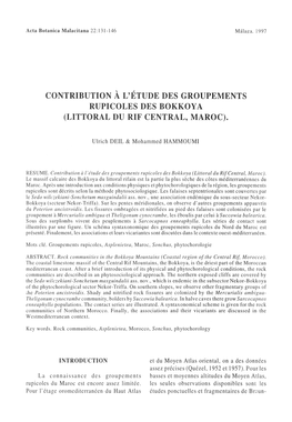 Contribution Á L'étude Des Groupements Rupicoles Des Bokkoya (Littoral Du Rif Central, Maroc)