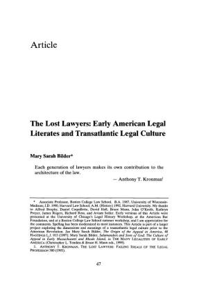 The Lost Lawyers: Early American Legal Literates and Transatlantic Legal Culture