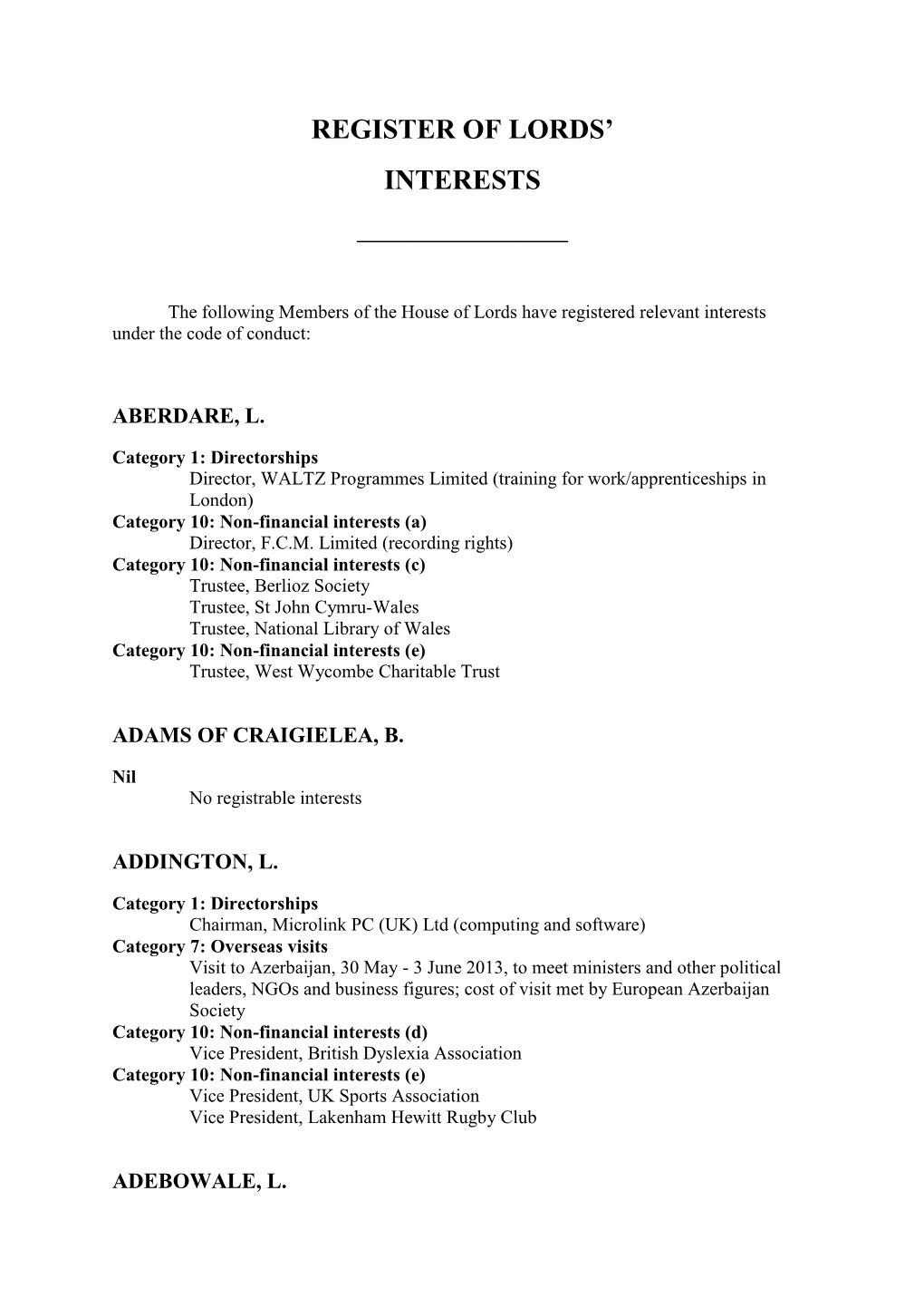 Register of Lords' Interests (12 December 2013)