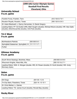 1999 AAU Junior Olympic Games Baseball Final Results Cleveland
