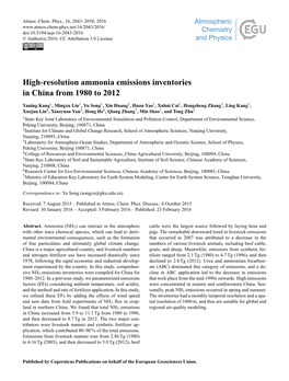 High-Resolution Ammonia Emissions Inventories in China from 1980 to 2012