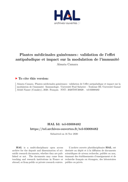 Plantes Médicinales Guinéennes : Validation De L’Effet Antipaludique Et Impact Sur La Modulation De L’Immunité Aïssata Camara