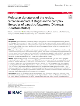 Molecular Signatures of the Rediae, Cercariae and Adult Stages in the Complex Life Cycles of Parasitic Fatworms (Digenea: Psilostomatidae) Maksim A
