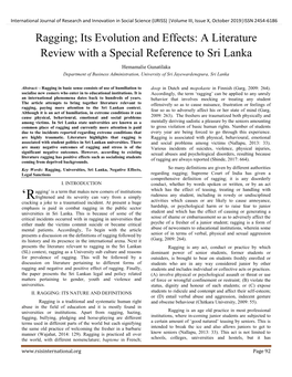 Ragging; Its Evolution and Effects: a Literature Review with a Special Reference to Sri Lanka