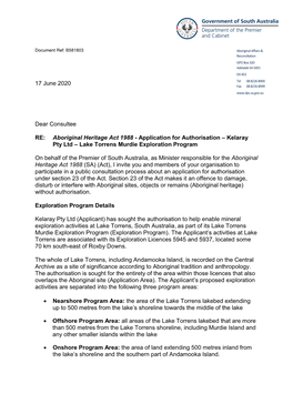 Application for Authorisation – Kelaray Pty Ltd – Lake Torrens Murdie Exploration Program