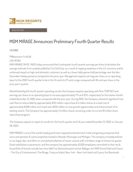 MGM MIRAGE Announces Preliminary Fourth Quarter Results